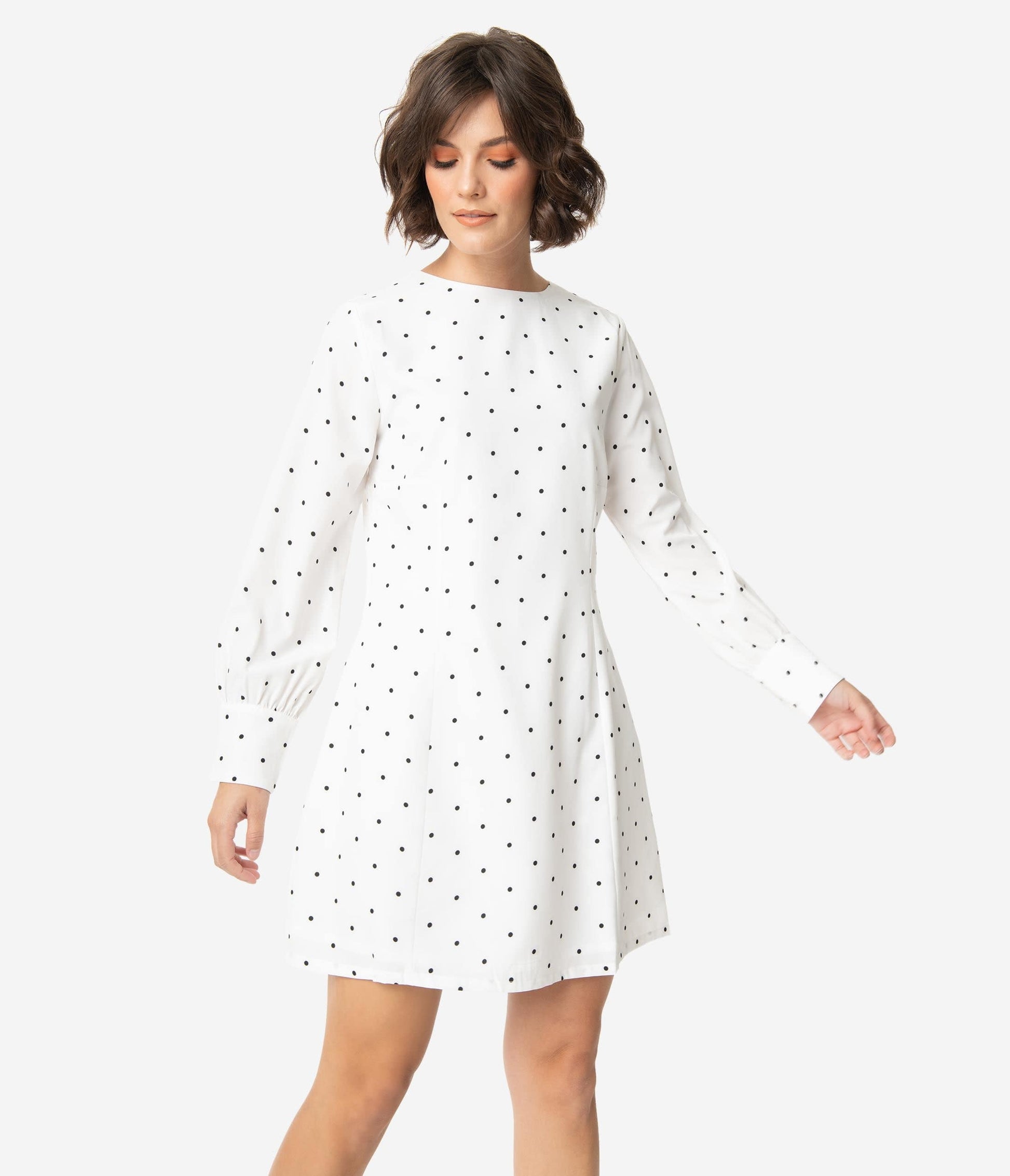 Retro Style White & Black Pin Dot Long Sleeve A-Line Dress