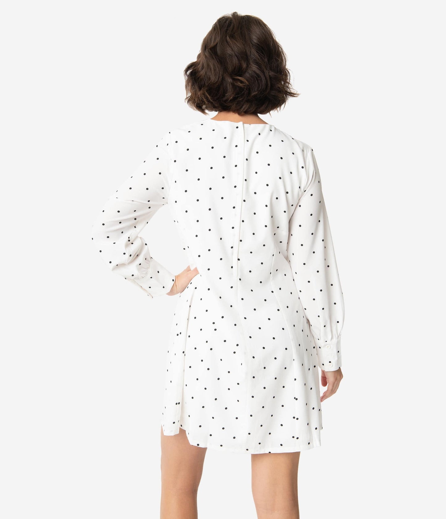 Retro Style White & Black Pin Dot Long Sleeve A-Line Dress