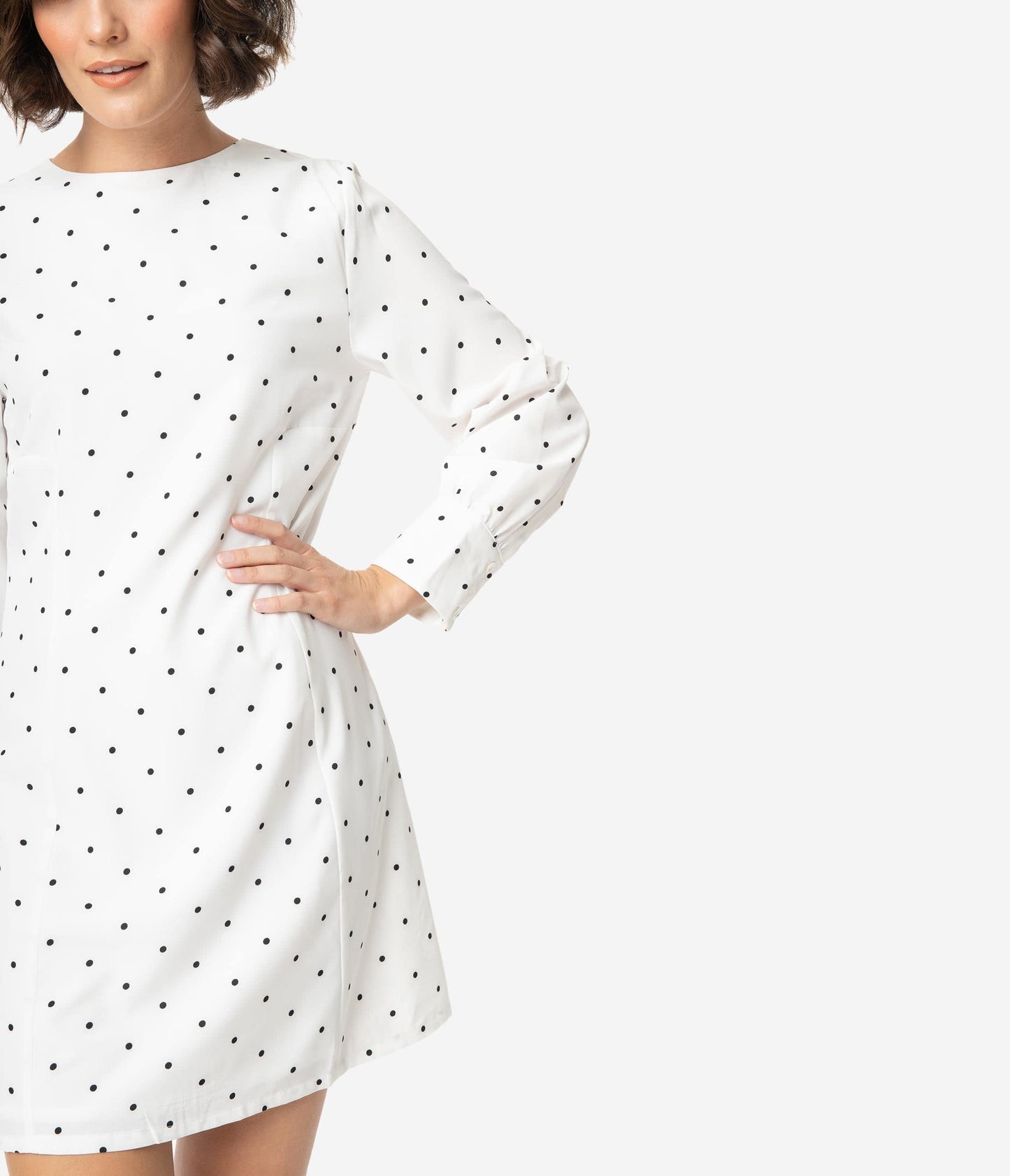 Retro Style White & Black Pin Dot Long Sleeve A-Line Dress