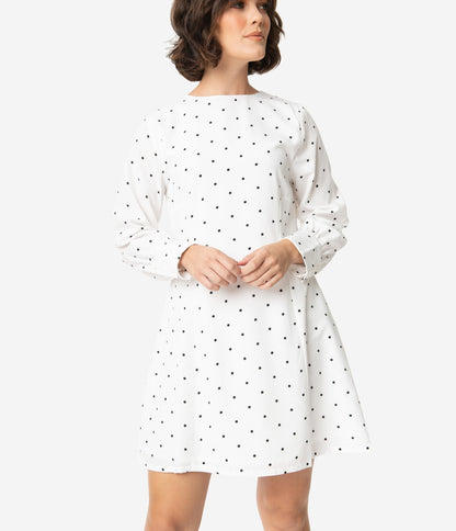 Retro Style White & Black Pin Dot Long Sleeve A-Line Dress