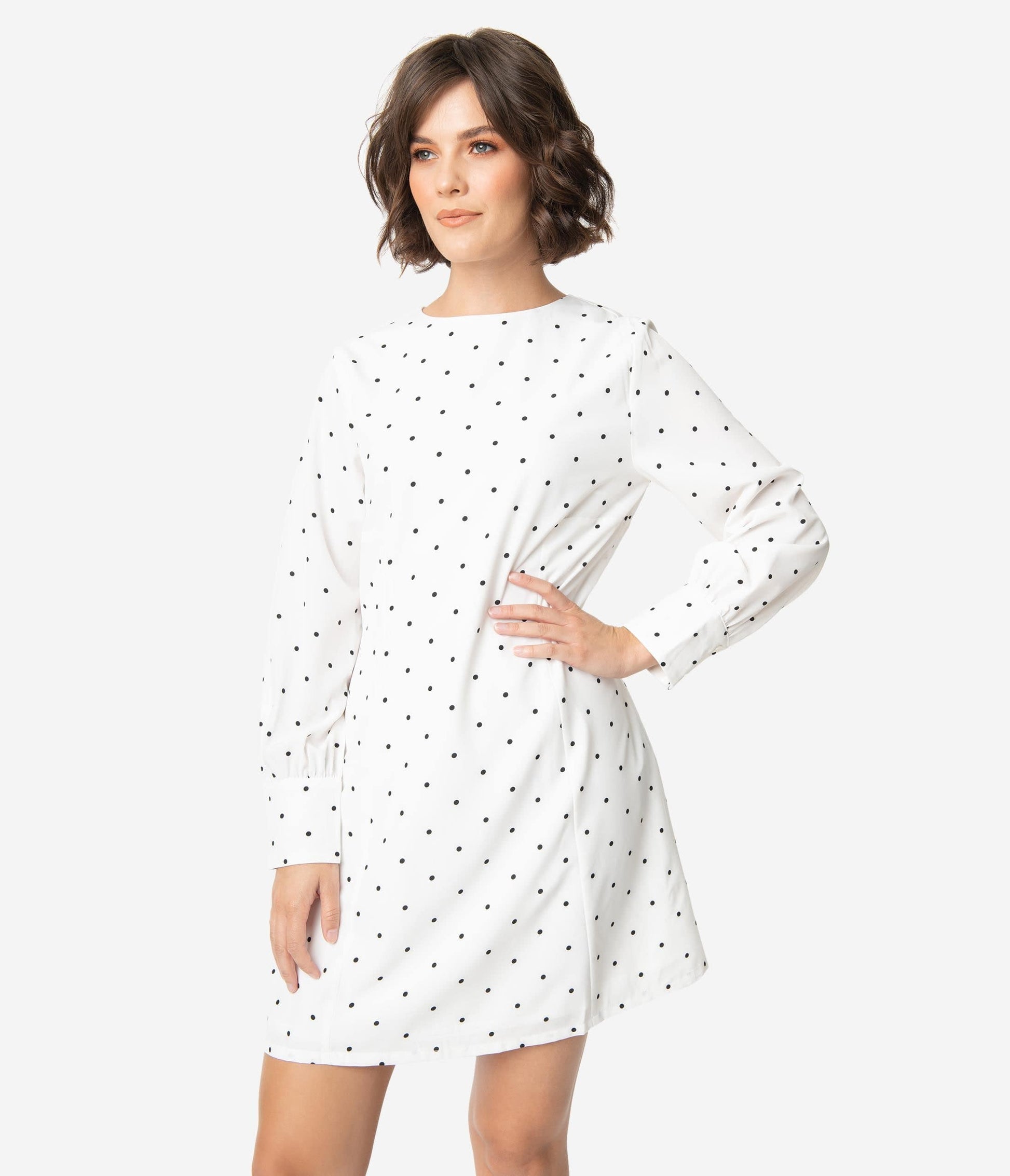 Retro Style White & Black Pin Dot Long Sleeve A-Line Dress