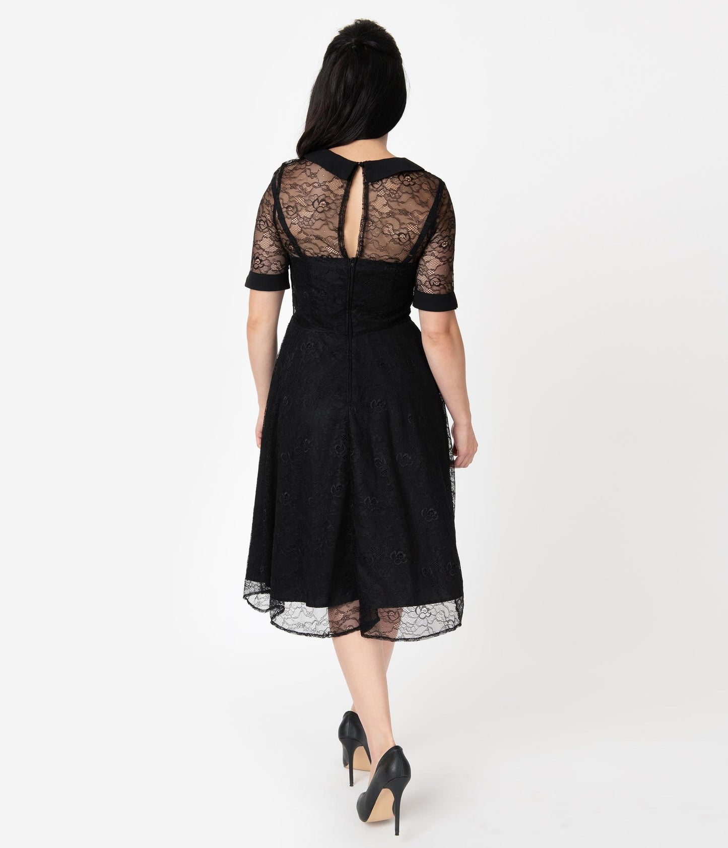 Unique Vintage 1950s Black Lace Sleeved Patti Swing Dress