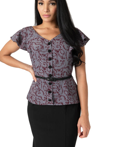 Unique Vintage 1940s Style Grey & Burgundy Floral Ivy Suit Dress