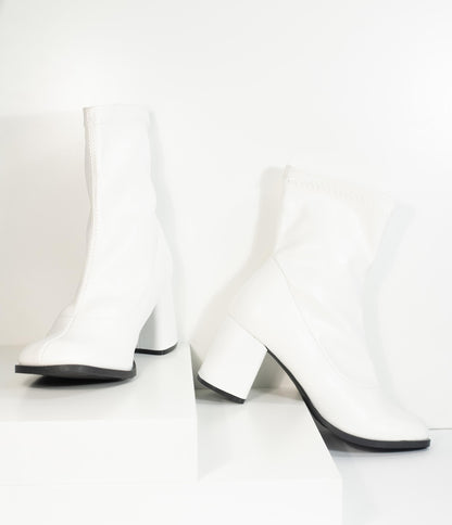 Retro Style White Matte Leatherette Ankle Go Go Boots