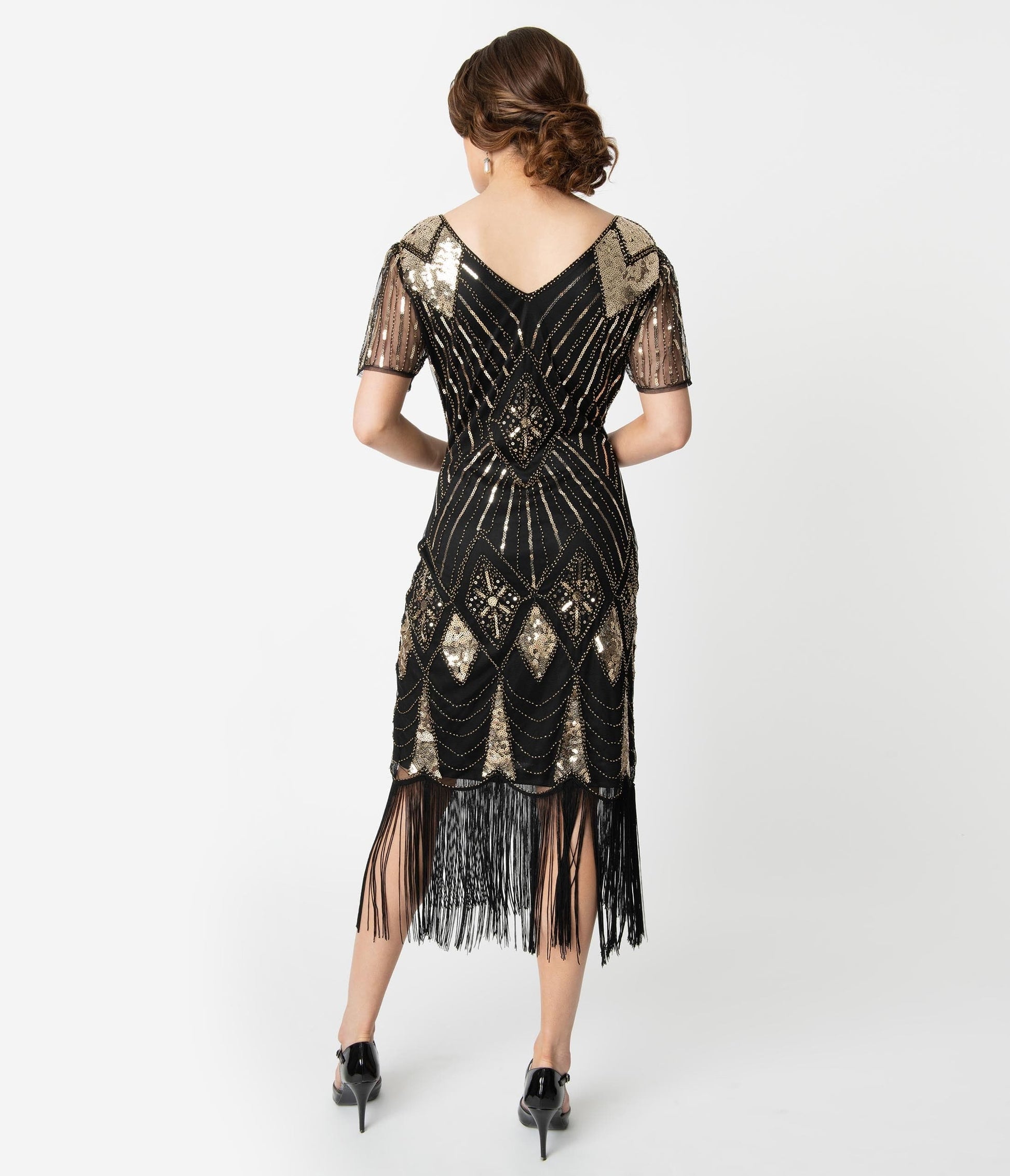 Unique Vintage 1920s Gold Sequin & Black Fringe Katriane Flapper Dress