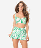 Unique Vintage Green & White Gingham Skirted High Waist Alice Swim Bottoms