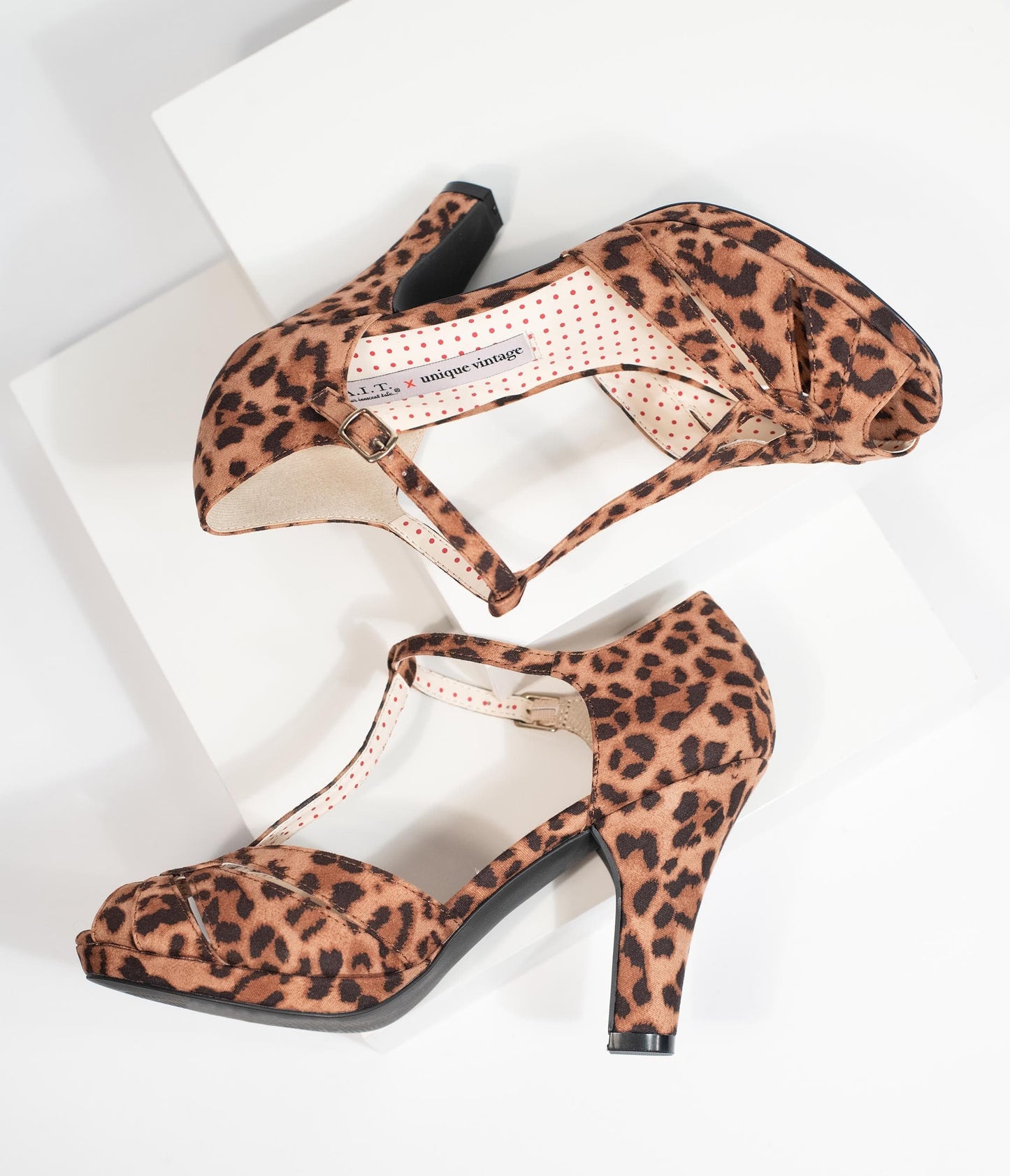 B.A.I.T. x Unique Vintage Leopard Print Peep Toe T-Strap Lacey Heels