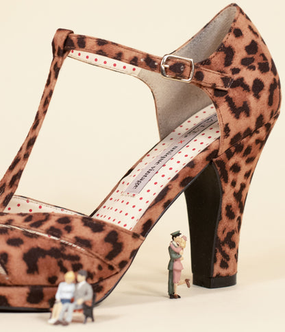 B.A.I.T. x Unique Vintage Leopard Print Peep Toe T-Strap Lacey Heels