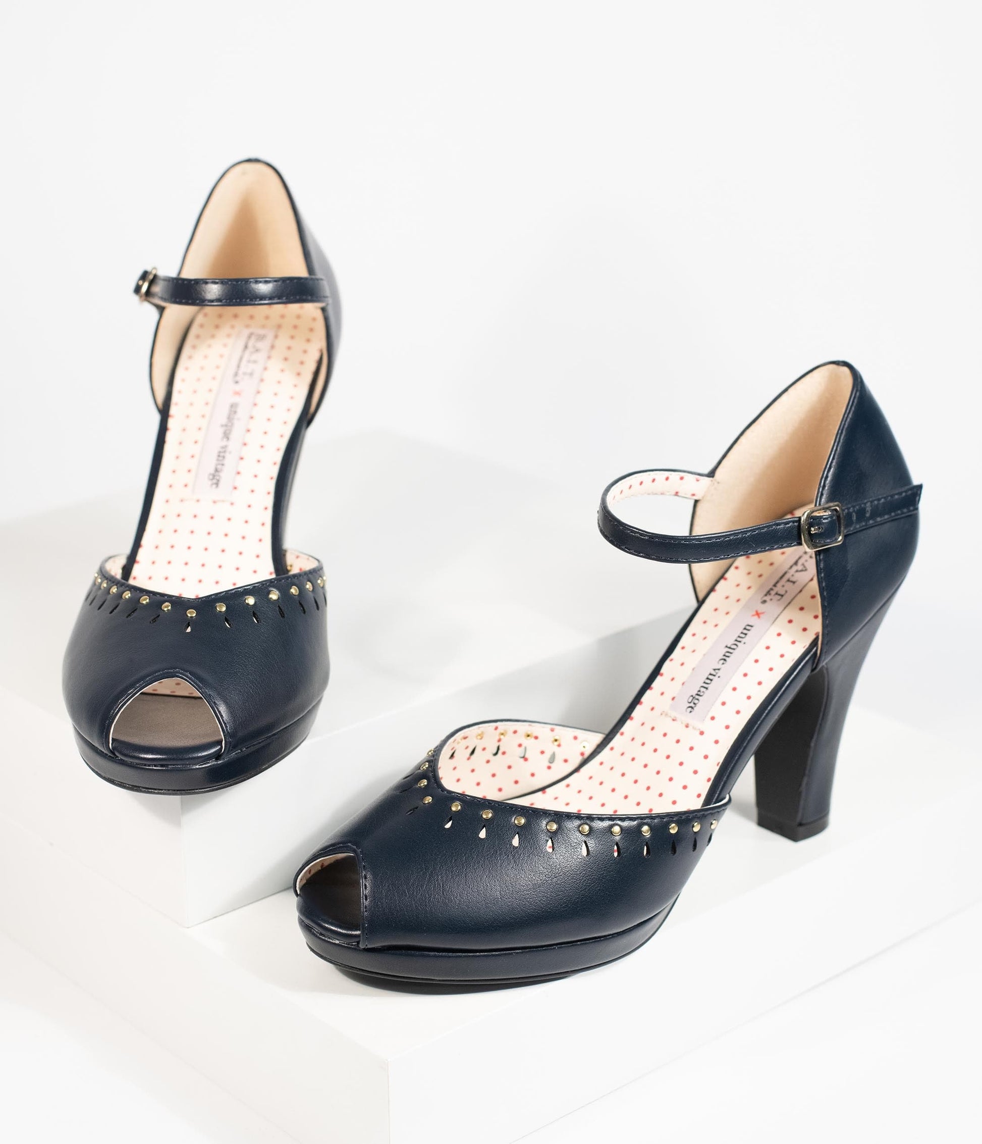 B.A.I.T. x Unique Vintage Navy Blue Leatherette Peep Toe Letty Heels