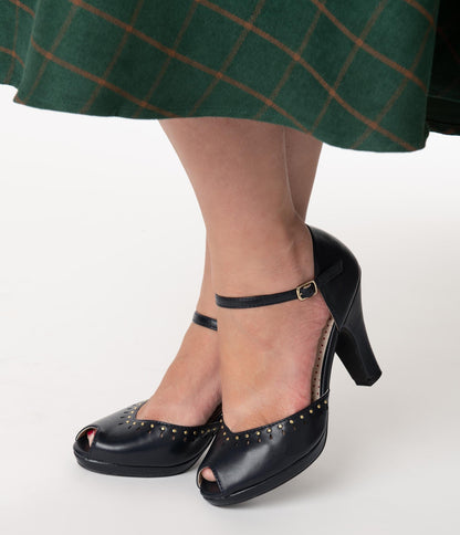 B.A.I.T. x Unique Vintage Navy Blue Leatherette Peep Toe Letty Heels