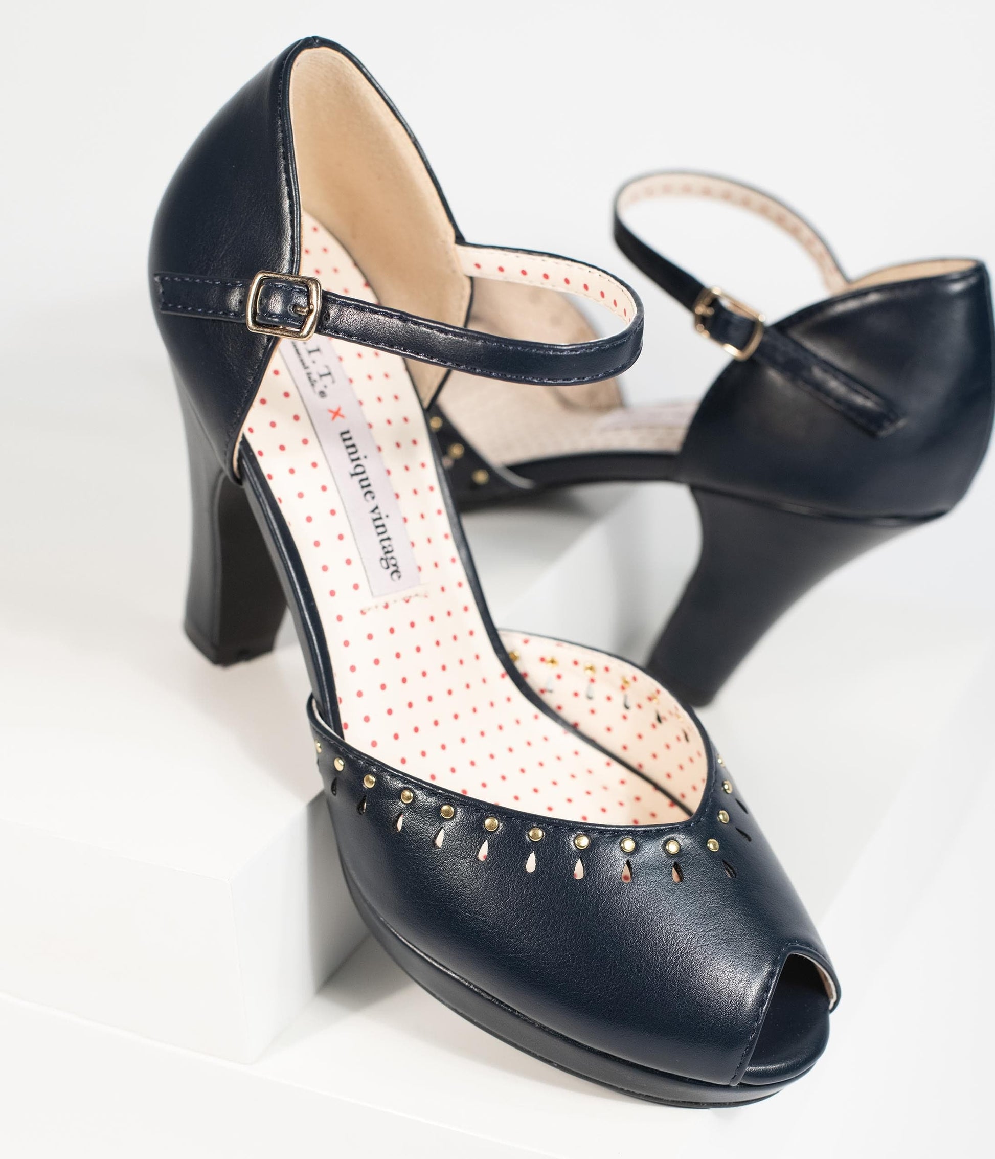 B.A.I.T. x Unique Vintage Navy Blue Leatherette Peep Toe Letty Heels