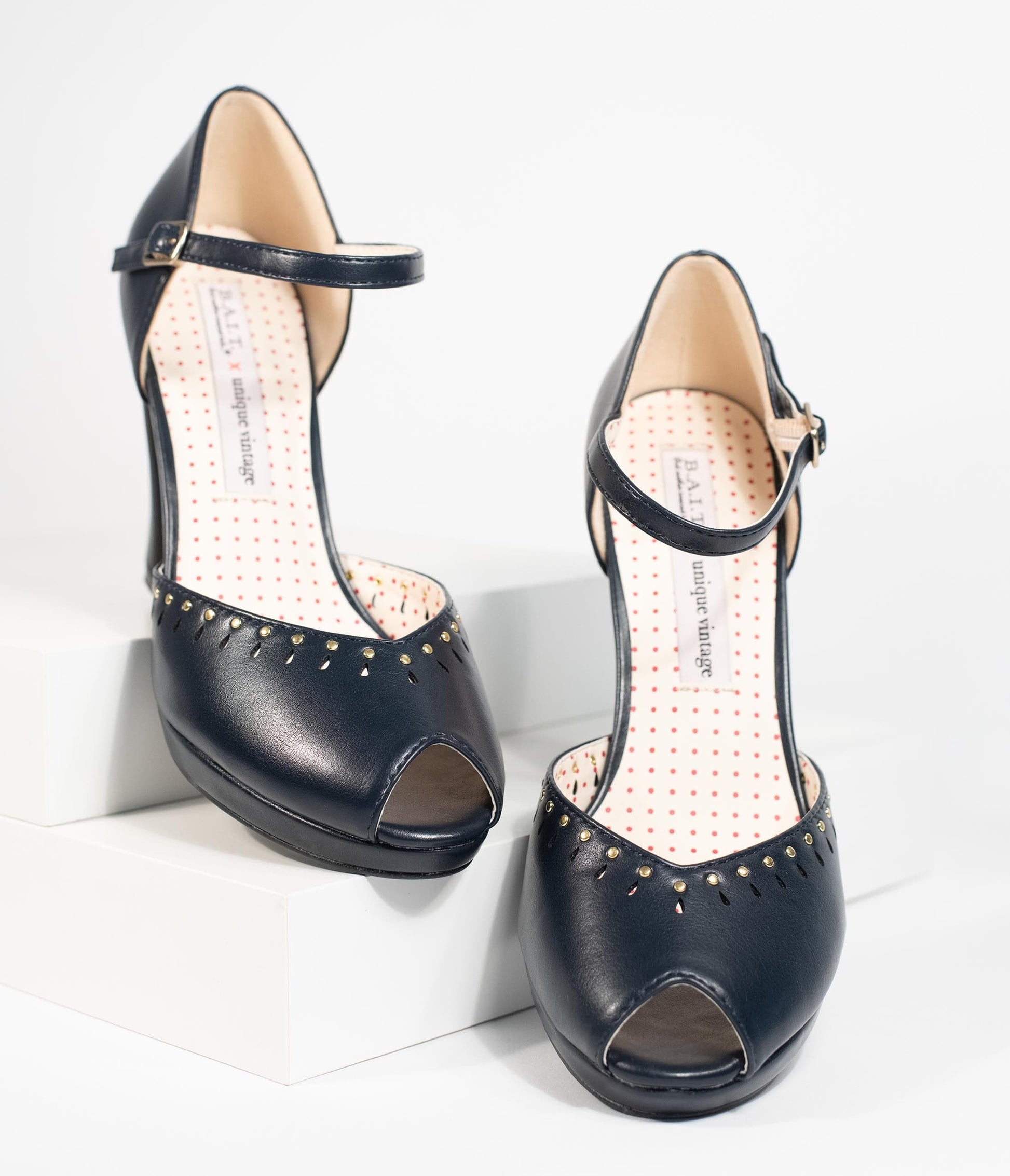 B.A.I.T. x Unique Vintage Navy Blue Leatherette Peep Toe Letty Heels