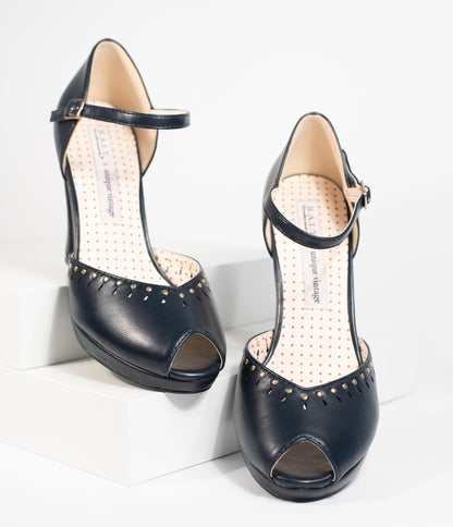 B.A.I.T. x Unique Vintage Navy Blue Leatherette Peep Toe Letty Heels