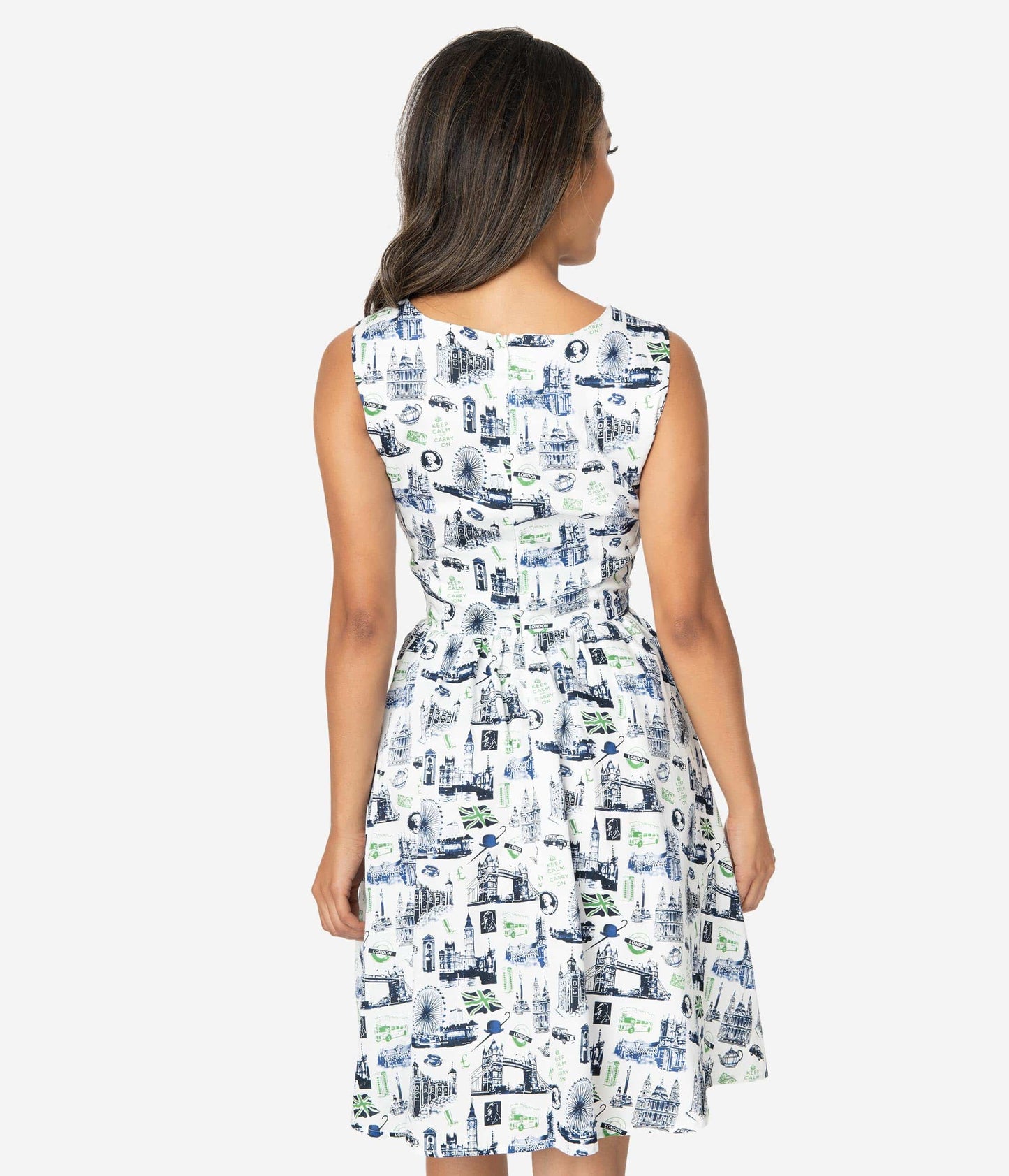 1960s Style White Cotton London Travel Print Sleeveless Fit & Flare Dress