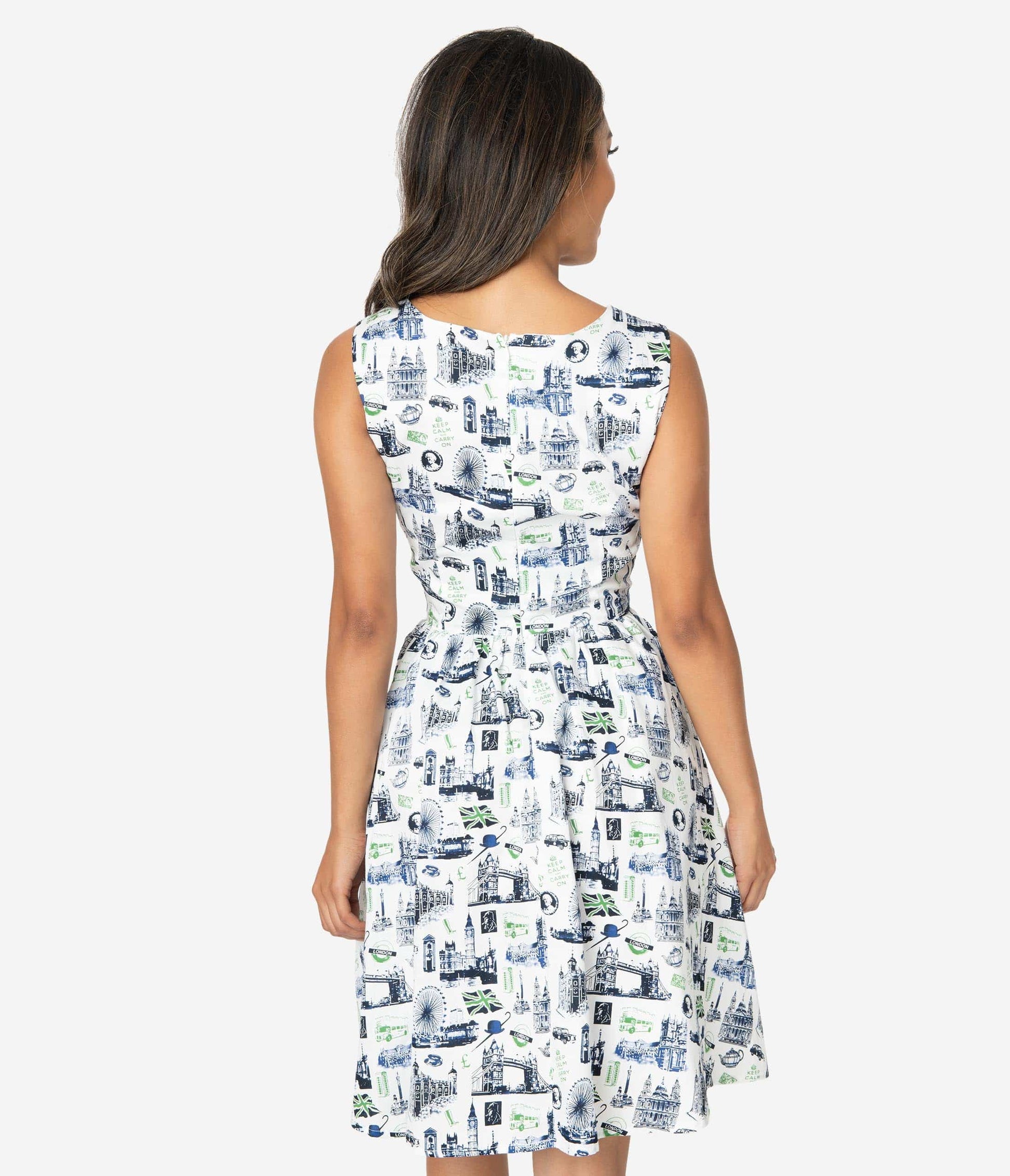 1960s Style White Cotton London Travel Print Sleeveless Fit & Flare Dress