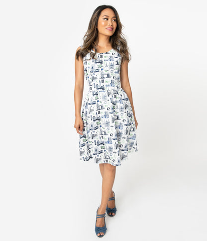 1960s Style White Cotton London Travel Print Sleeveless Fit & Flare Dress