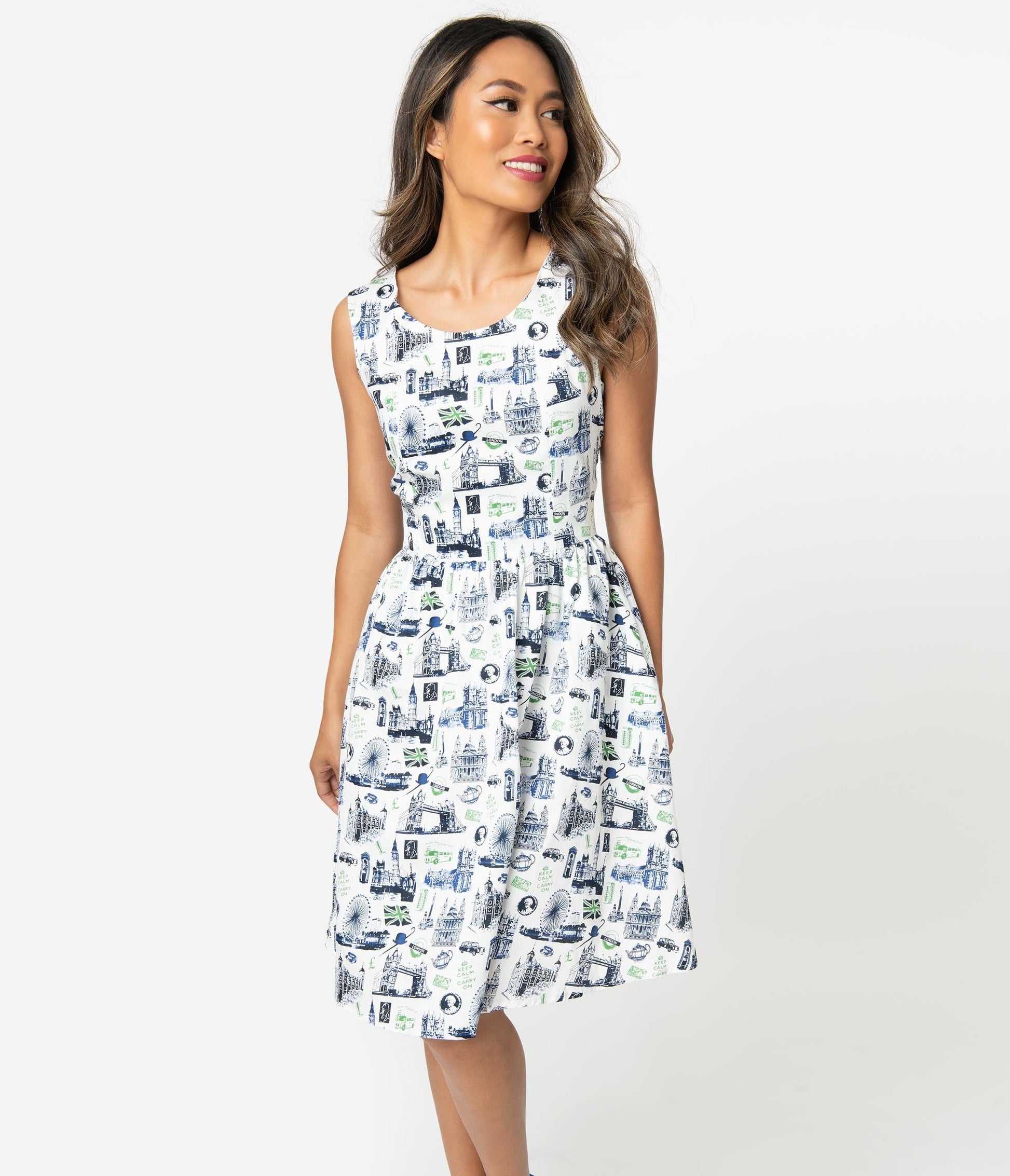 1960s Style White Cotton London Travel Print Sleeveless Fit & Flare Dress