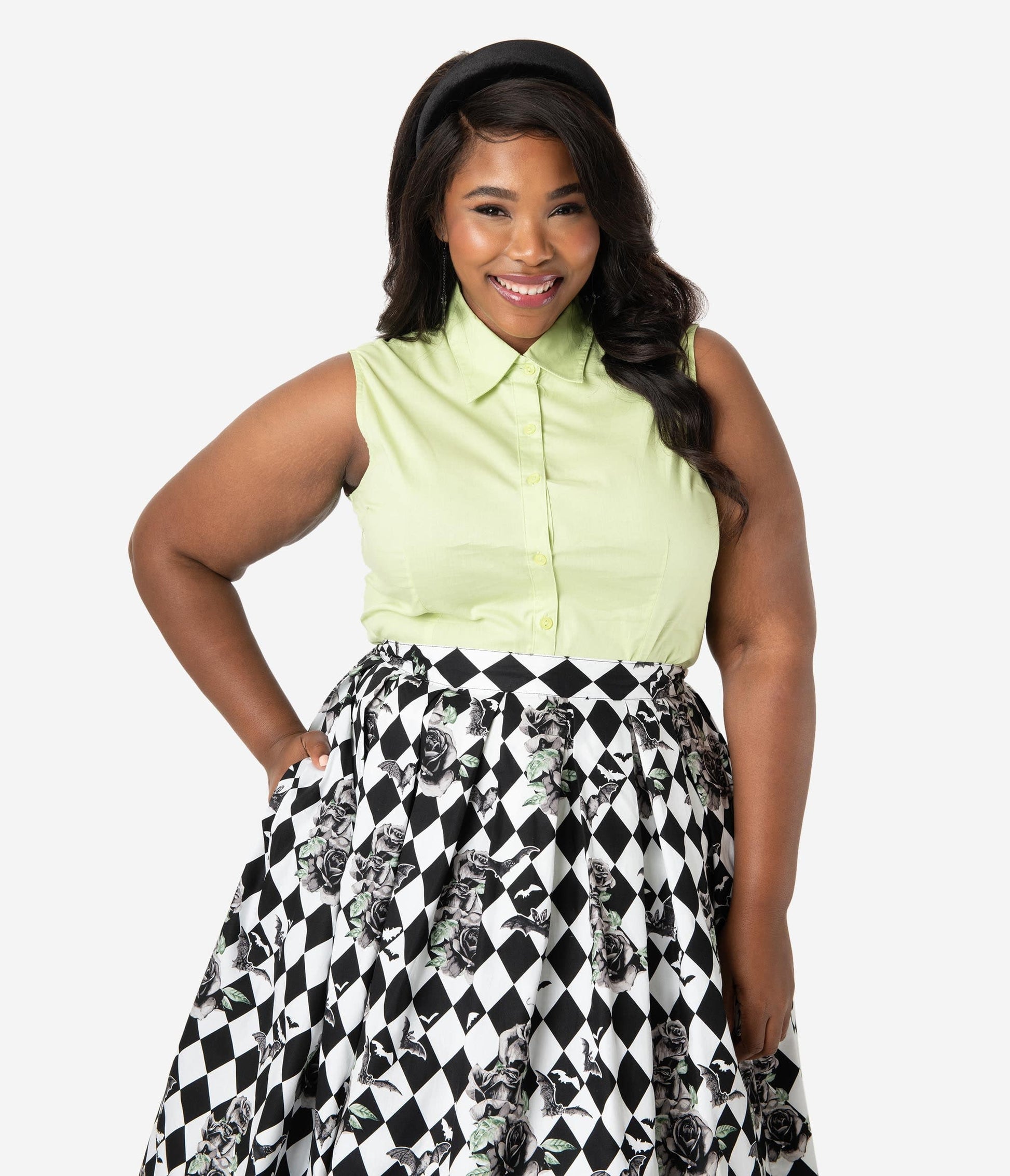 Plus Size Lime Green Sleeveless Collared Cotton Button Up Blouse