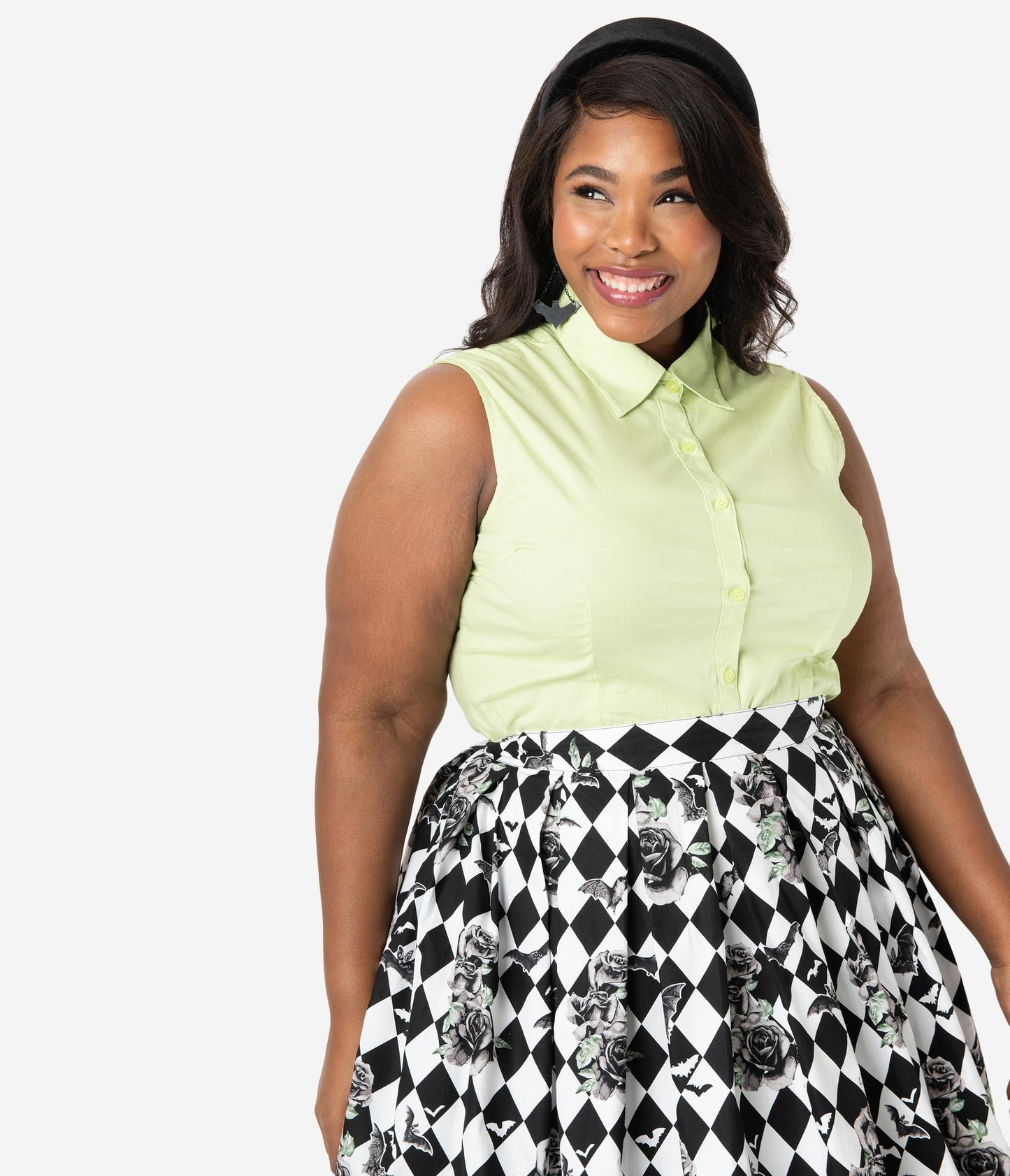 Plus Size Lime Green Sleeveless Collared Cotton Button Up Blouse