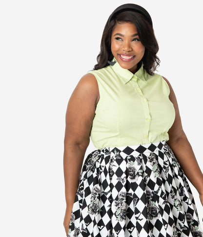 Plus Size Lime Green Sleeveless Collared Cotton Button Up Blouse