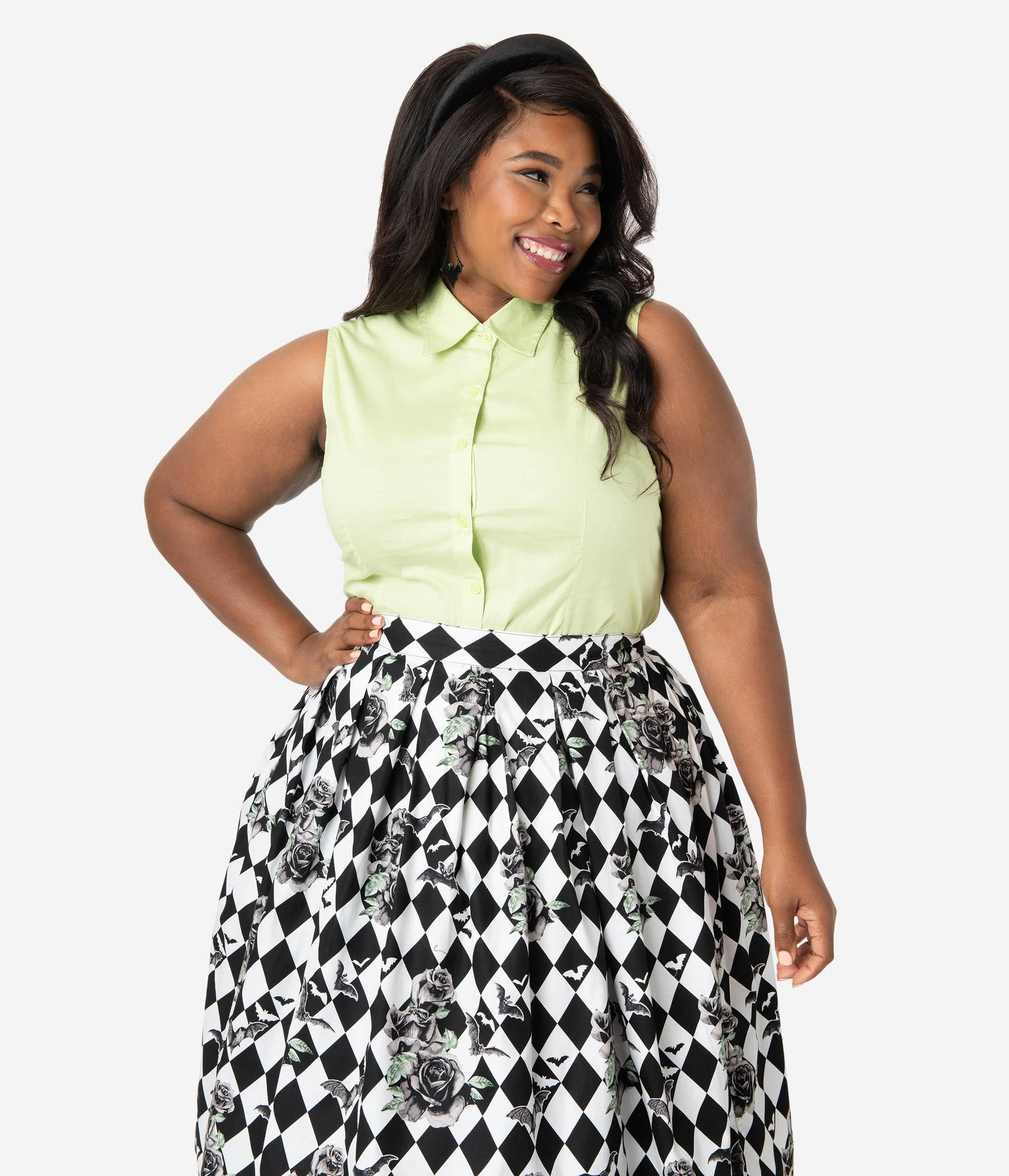 Plus Size Lime Green Sleeveless Collared Cotton Button Up Blouse