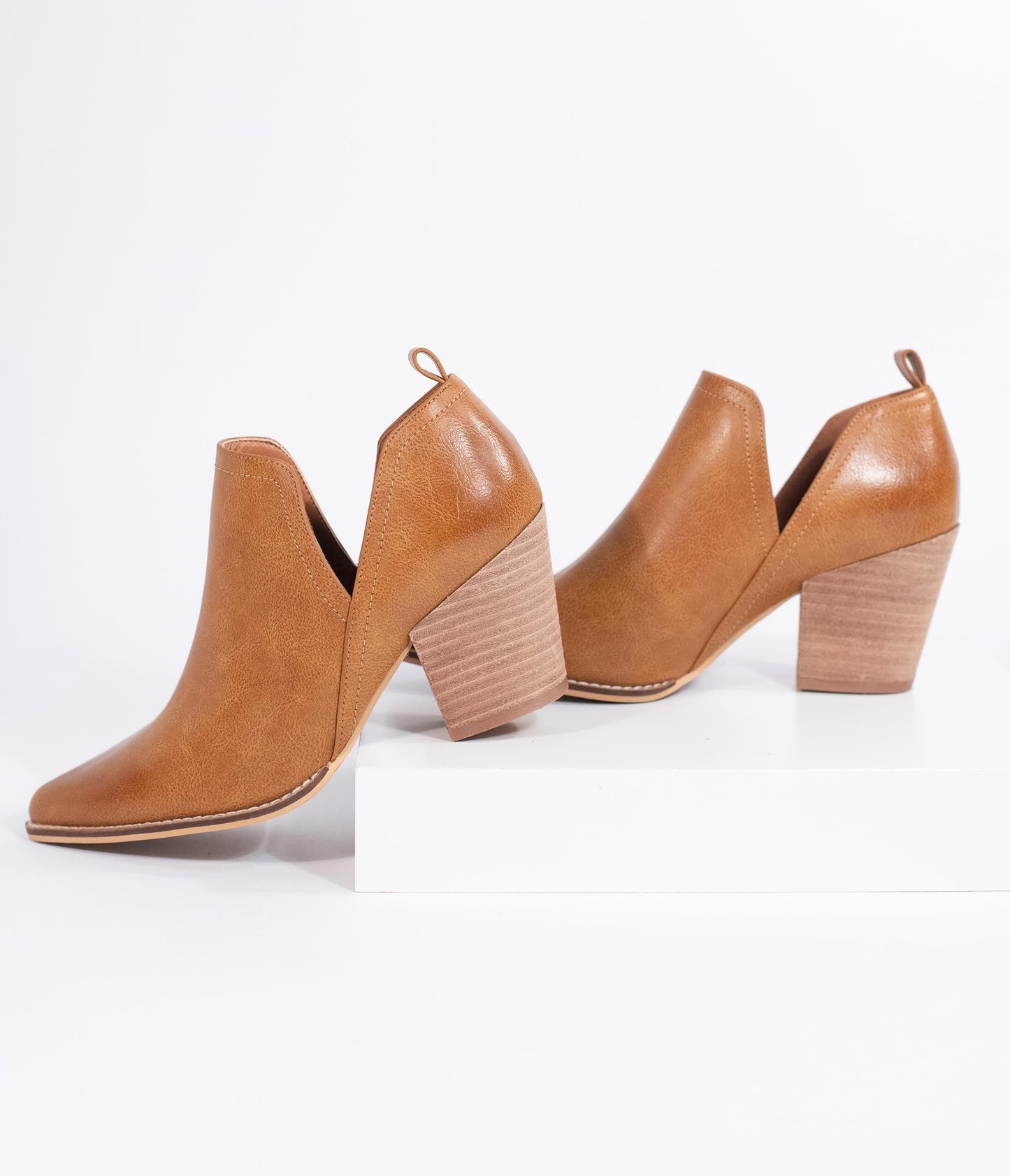Camel Tan Leatherette Vented Stacked Heel Booties