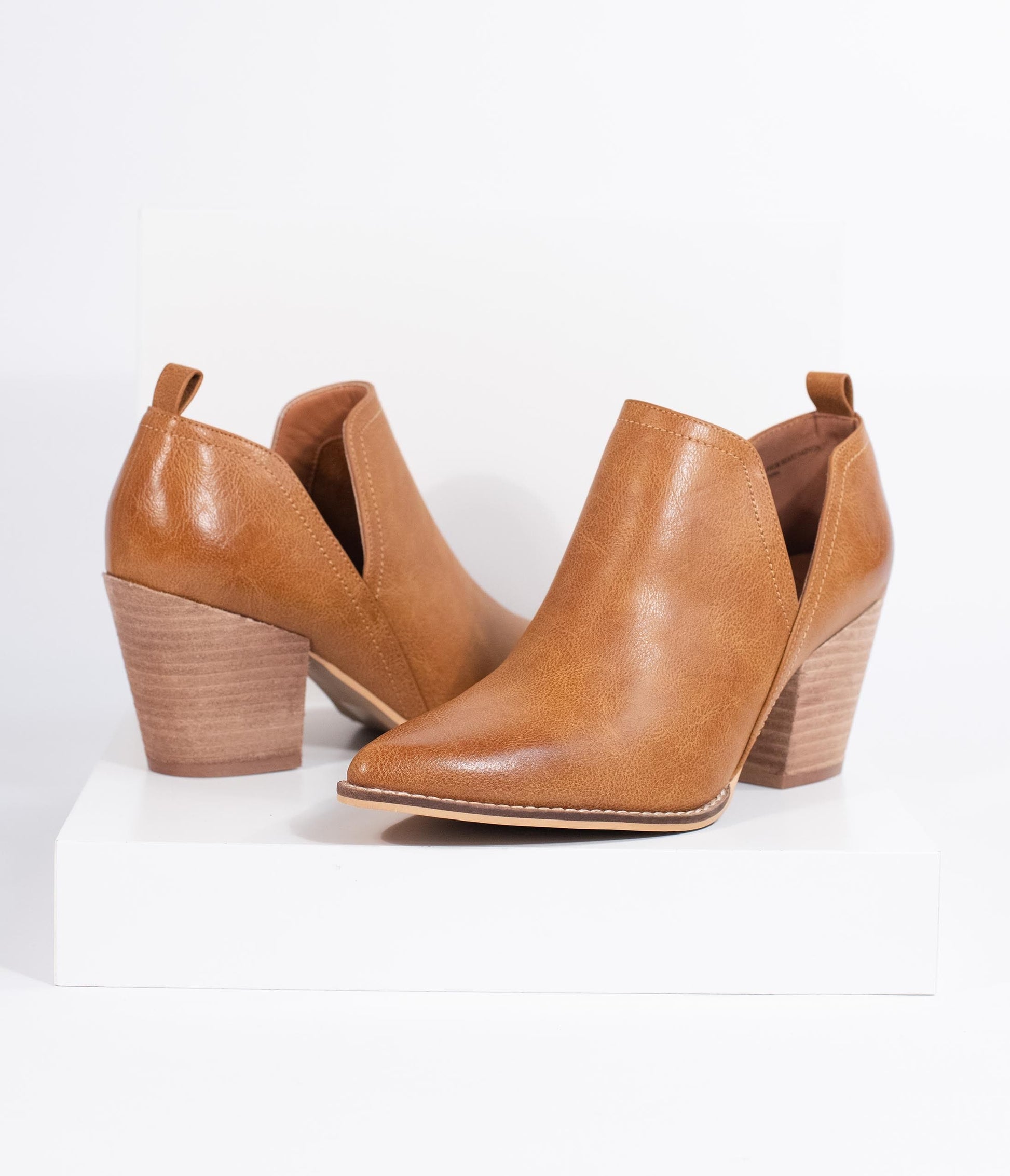 Camel Tan Leatherette Vented Stacked Heel Booties