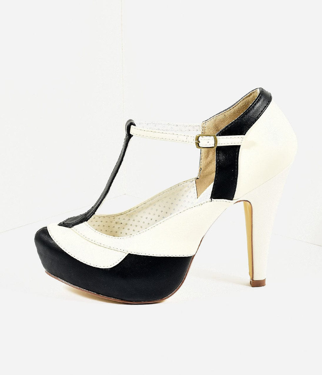 Black & Cream Leatherette Bettie T-Strap Platform Heels