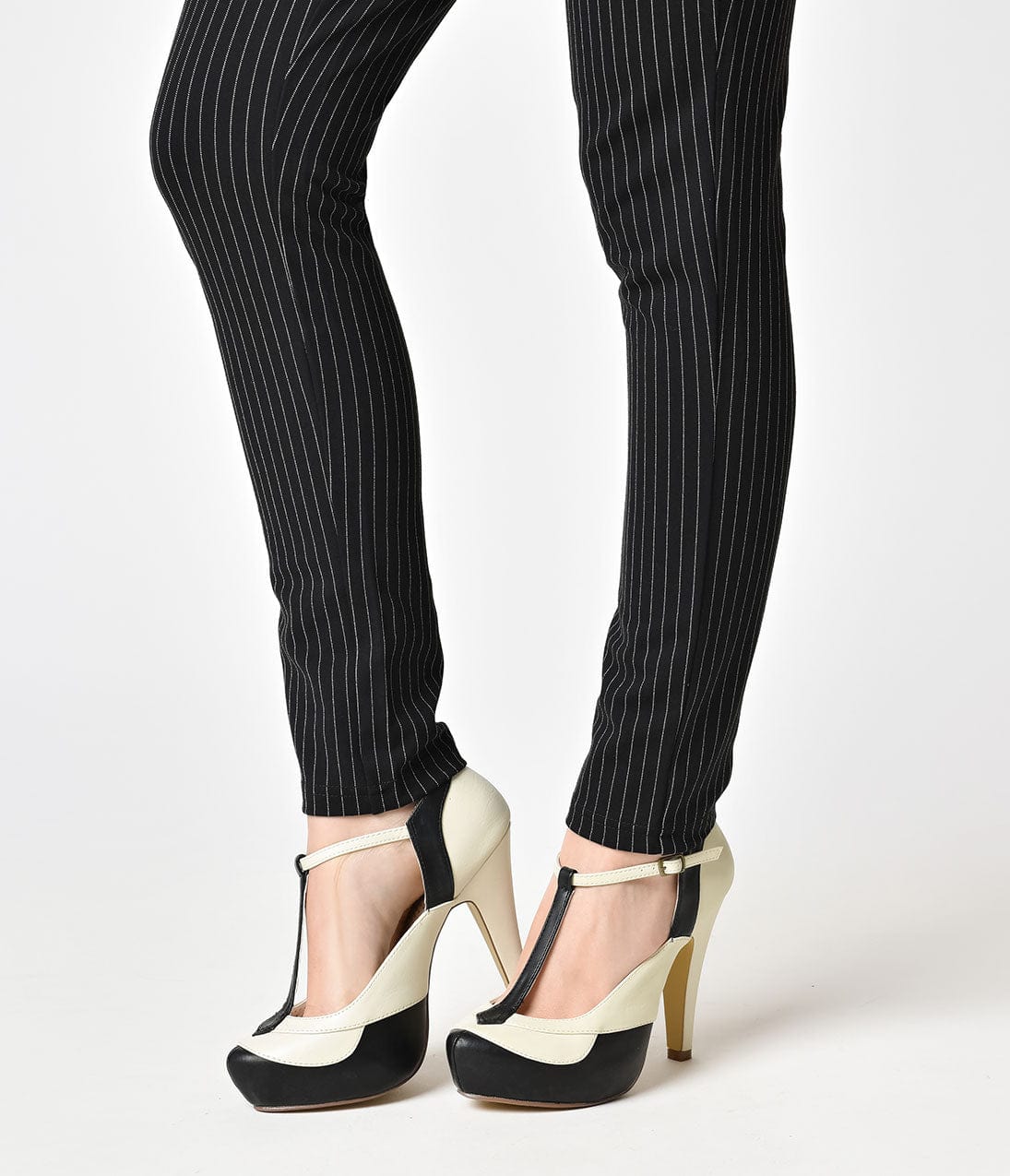 Black & Cream Leatherette Bettie T-Strap Platform Heels