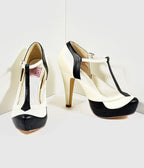 Black & Cream Leatherette Bettie T-Strap Platform Heels