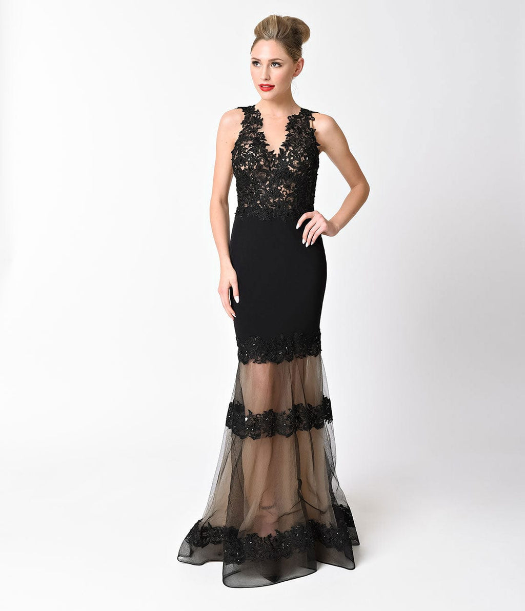 Black & Nude Sleeveless Mesh Panel Embellished Dress