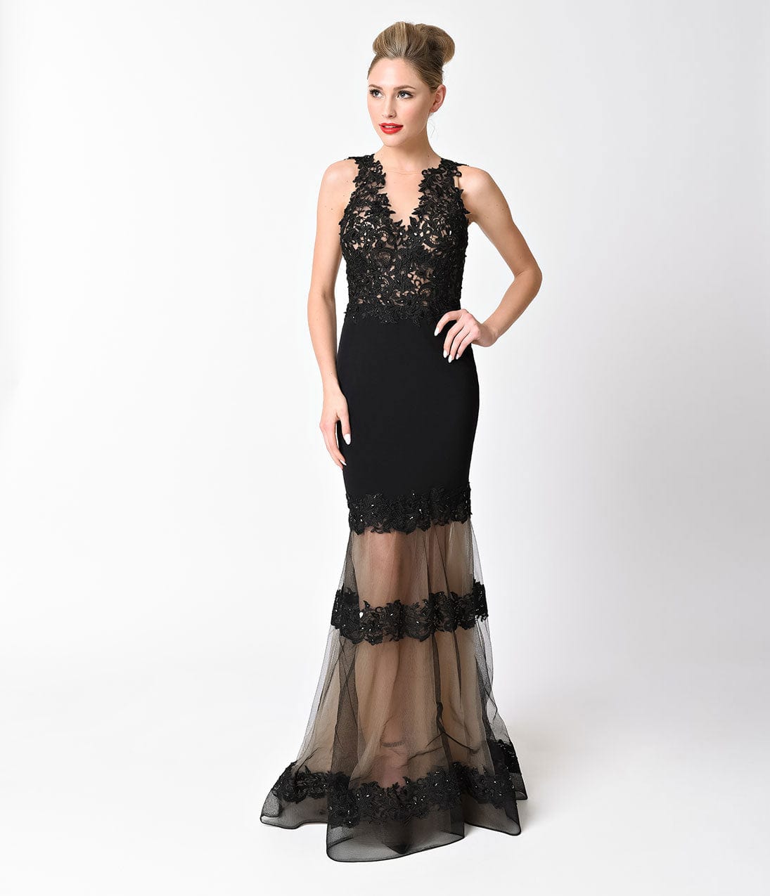 Black & Nude Sleeveless Mesh Panel Embellished Dress