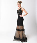 Black & Nude Sleeveless Mesh Panel Embellished Dress