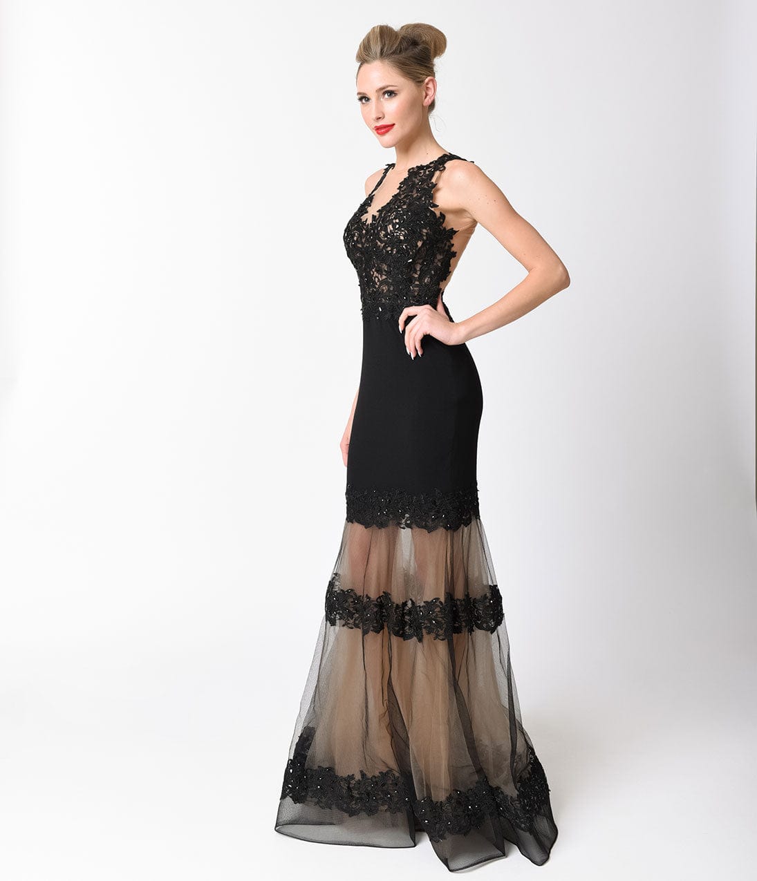 Black & Nude Sleeveless Mesh Panel Embellished Dress