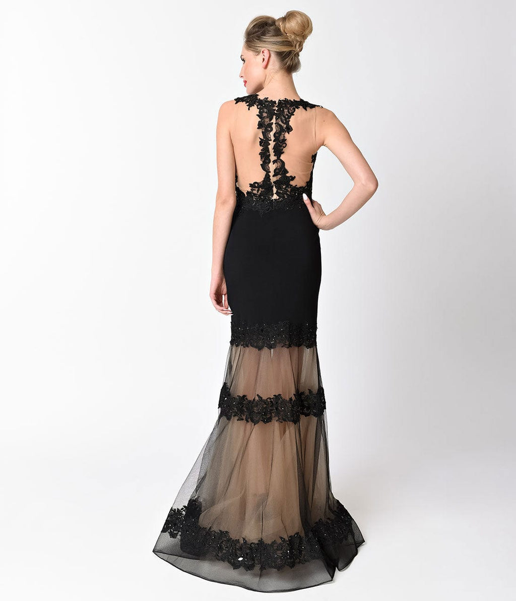 Black & Nude Sleeveless Mesh Panel Embellished Dress
