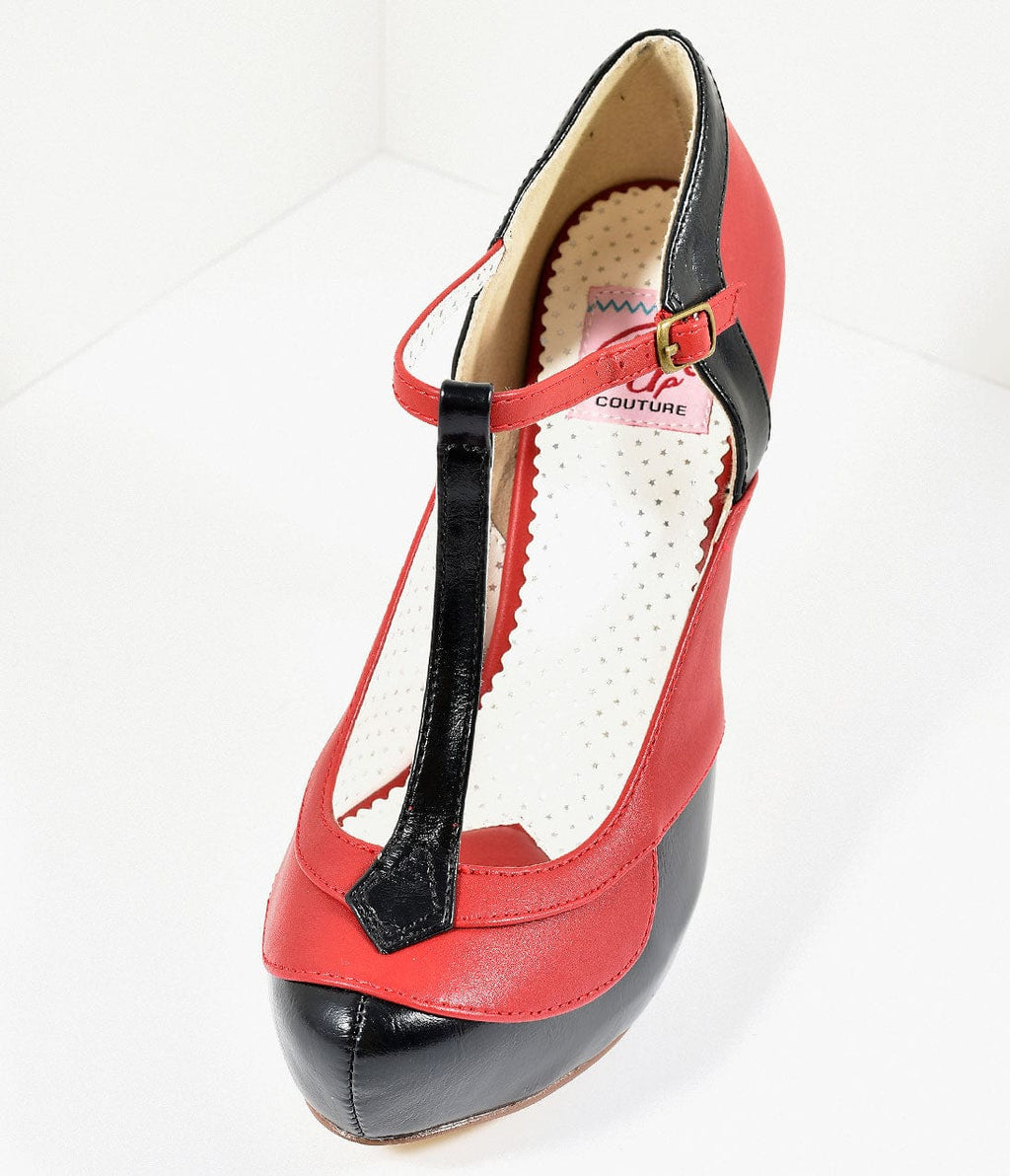 Black & Red Leatherette Bettie T-Strap Platform Heels