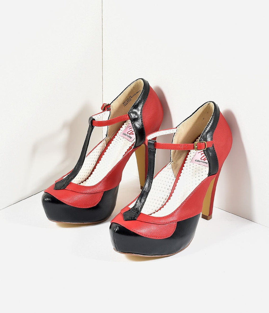 Black & Red Leatherette Bettie T-Strap Platform Heels