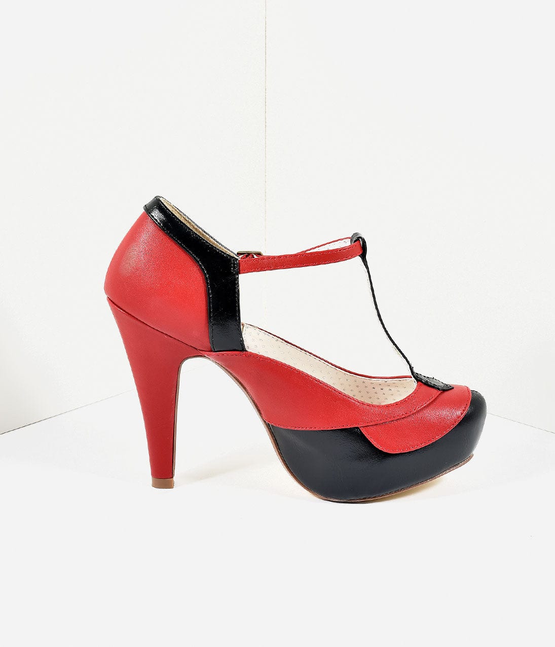 Black & Red Leatherette Bettie T-Strap Platform Heels