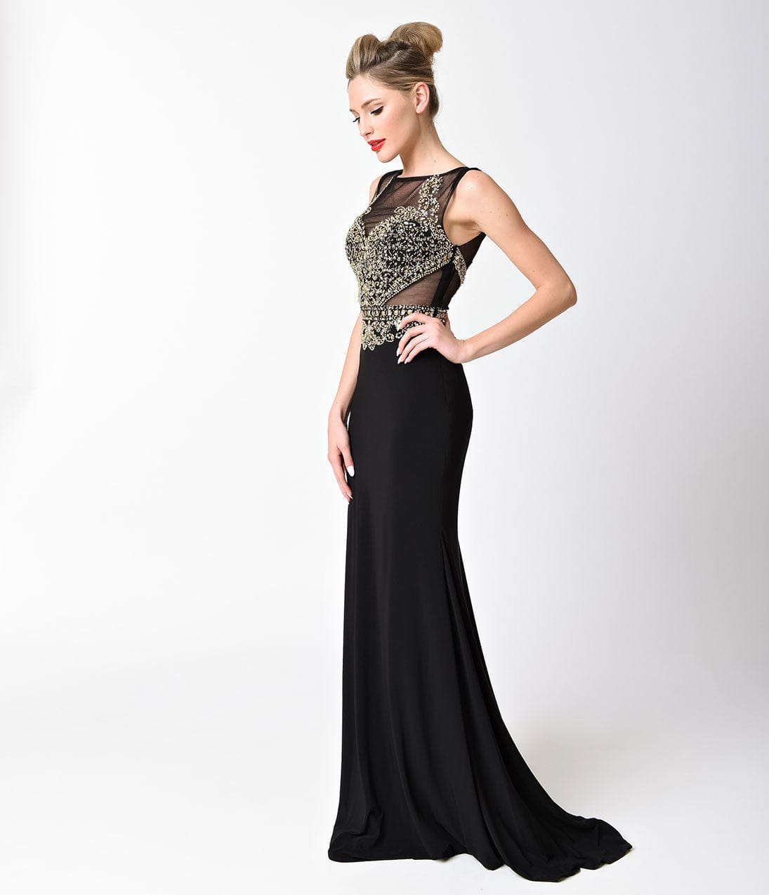 Black Sleeveless Embellished Sheer Cut Out Gown