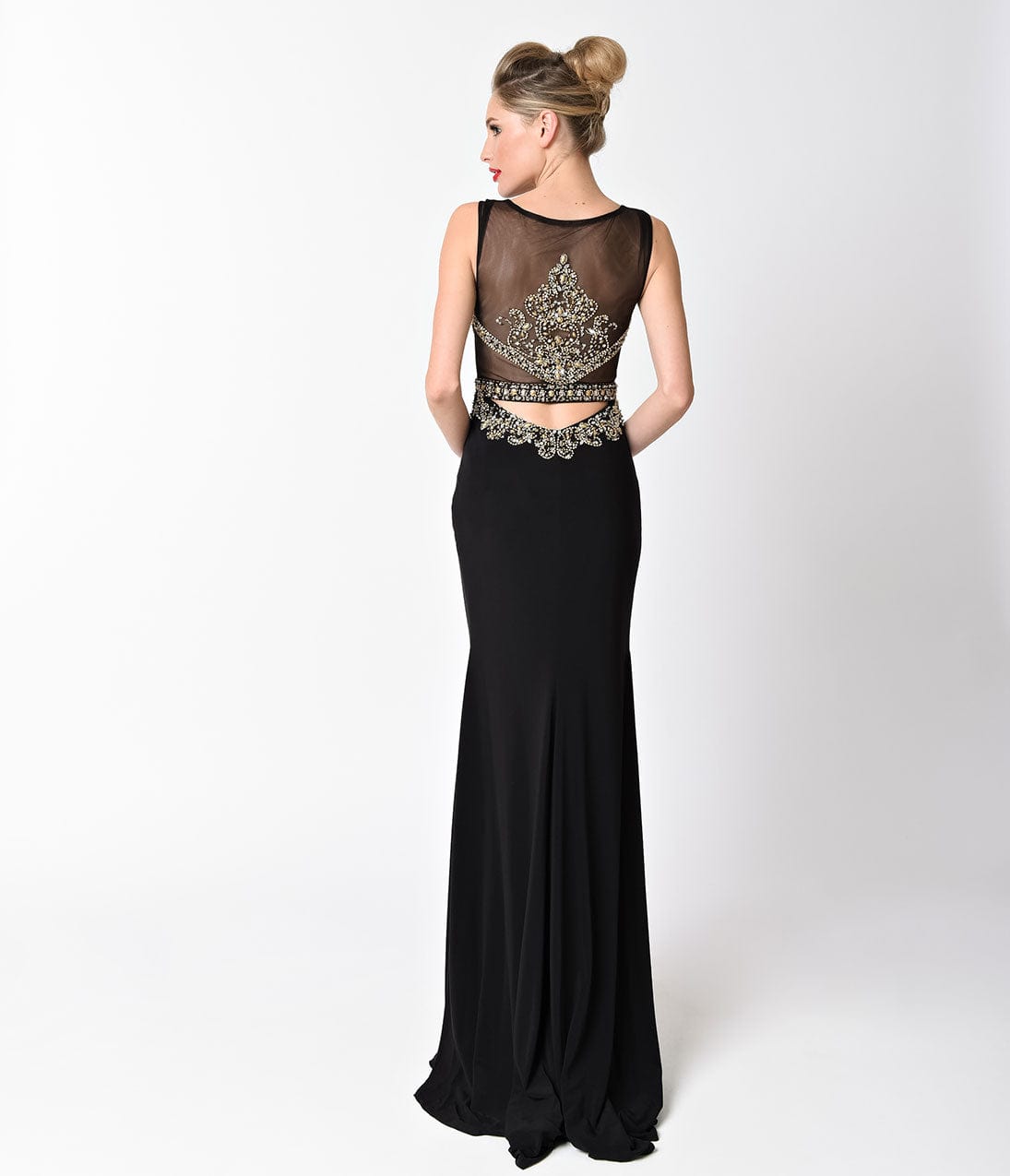 Black Sleeveless Embellished Sheer Cut Out Gown