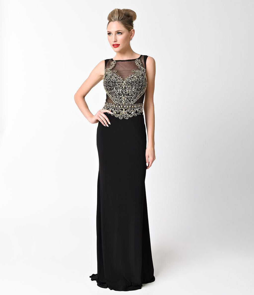 Black Sleeveless Embellished Sheer Cut Out Gown