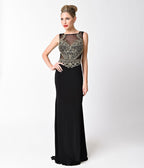 Black Sleeveless Embellished Sheer Cut Out Gown