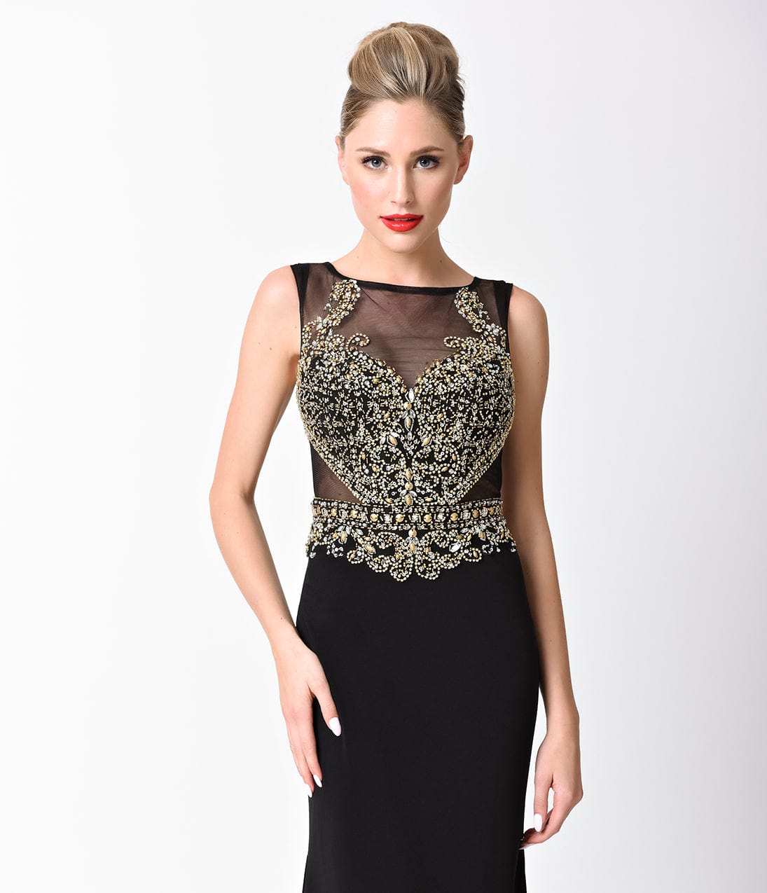 Black Sleeveless Embellished Sheer Cut Out Gown