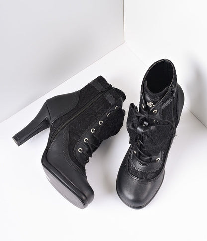 Black Vegan Leather & Lace Bow Ankle Boots