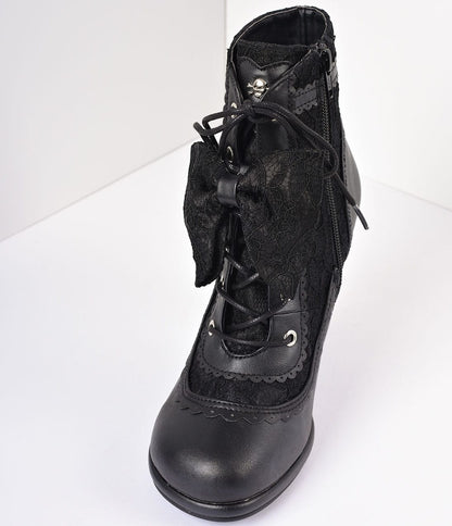 Black Vegan Leather & Lace Bow Ankle Boots