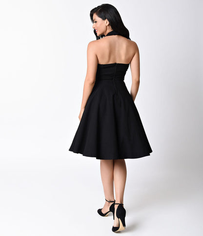 Unique Vintage Black Criss Cross Halter Rita Flare Dress