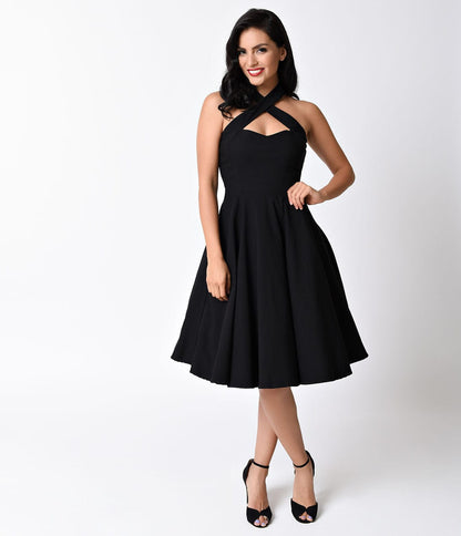 Unique Vintage Black Criss Cross Halter Rita Flare Dress