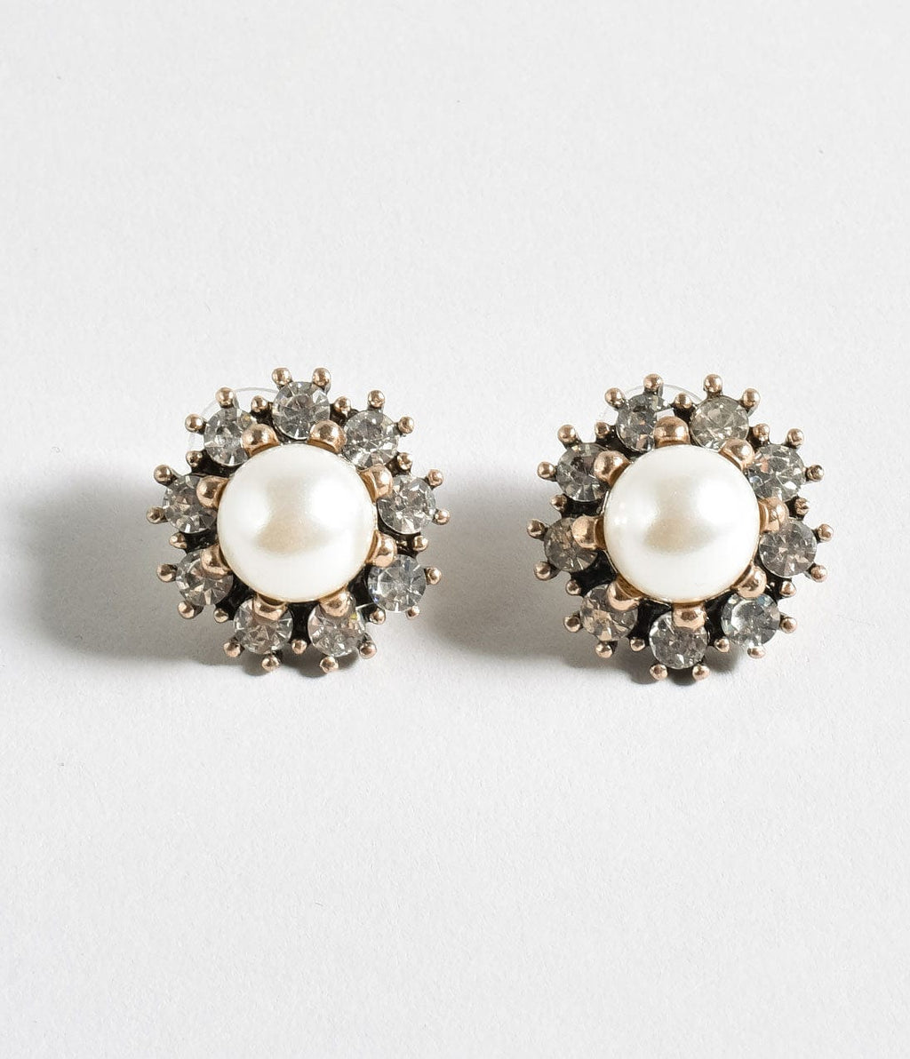 Ivory Pearl & Silver Rhinestone Stud Earrings