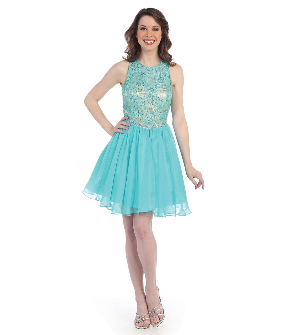 Light Blue Sleeveless Lace Short Chiffon Dress