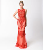 Red Sexy Sleeveless Embellished Sheer Illusion Long Dress